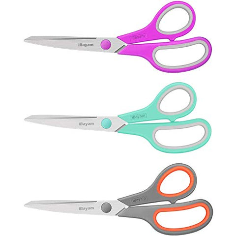 Scissors, iBayam 8" Multipurpose Scissors Bulk Ultra Sharp Shears, Comfort-Grip Sturdy Scissors for Office Home School Sewing Fabric Craft Supplies, Right/Left Handed, 3-Pack, Mint, Grey, Purple
