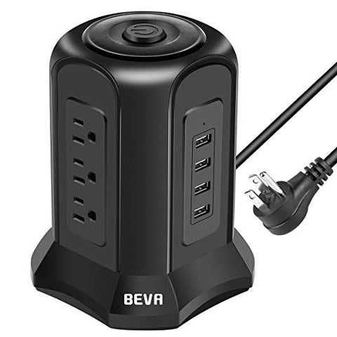 BEVA Power Strip Tower Surge Protector Flat Plug Desktop Charging Station with 9 AC Outlets 4 USB Ports Switch Control, 900 Joules, 6 ft Extension Cord for Office and Home, Dorm Room Black