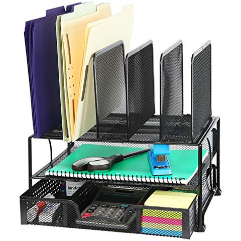 Desk Organizer with Sliding Drawer, Double Tray and 5 Upright Sections