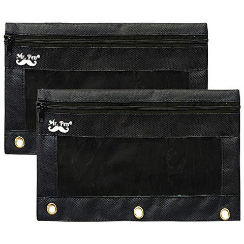 Mr. Pen Fabric Pencil Pouch with 3 Binder Holes, Black, Set of 2