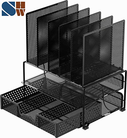 Simplehouseware Mesh Desk Organizer with Sliding Drawer, Double Tray and 5 Black