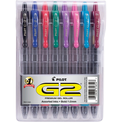 Pilot G2 Retractable Premium Gel Ink Roller Ball Pens Bold Point Assorted Color Inks 8-Pack